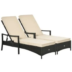 Outsunny Set De 2 Tumbonas De Ratán De Jardín Chaise Longue Con Respaldo Ajustable En 4 Posiciones Cojines Acolchados Y Desenfundables Para Terraza Patio Exterior 192x62,5x58-95 Cm Marrón Y Beige