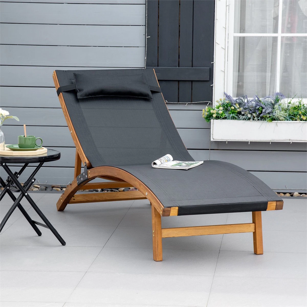 Outsunny Tumbona De Jardín Tipo Hamaca Con Altura De Respaldo Ajustable Reposacabeza Extraíble Y Marco De Madera Ergonómico Para Terraza Playa Exterior 180x56x72 Cm Negro 4 Outsunny Tumbona De Jardín Tipo Hamaca Con Altura De Respaldo Ajustable Reposacabeza Extraíble Y Marco De Madera Ergonómico Para Terraza Playa Exterior 180x56x72 Cm Negro - Imagen 2