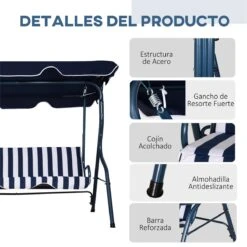 Outsunny Columpio Balancín De Jardín Exterior 3 Plazas De Metal Con Cojín Y Techo Ajustable Para Balcón Terraza Carga 200 Kg 170x110x153 Cm Raya Azul -OUTSUNNY TIENDA 00a4f2d7bf866e9b245c99350bafa276b3fb9f1a cf178757242c44bbb0efc89ae7d4c39d