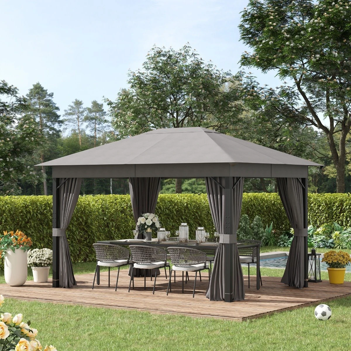 Outsunny Cenador De Jardín 4x3 M Pabellón Con Techo De Ventilación 4 Cortinas Laterales Con Puerta Y 8 Orificio De Drenaje Gazebo De Aluminio Para Exterior Patio Fiestas Gris 4 Outsunny Cenador De Jardín 4x3 M Pabellón Con Techo De Ventilación 4 Cortinas Laterales Con Puerta Y 8 Orificio De Drenaje Gazebo De Aluminio Para Exterior Patio Fiestas Gris - Imagen 2