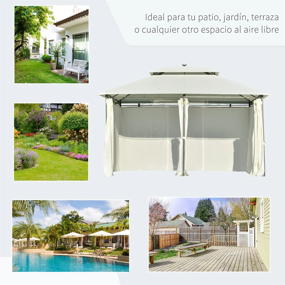 Outsunny Carpa De Jardín 4x3 M Cenador Con Doble Techo 6 Cortinas Laterales Luz LED Con Panel Solar Para Patio Terraza Color Crema 9 Outsunny Carpa De Jardín 4x3 M Cenador Con Doble Techo 6 Cortinas Laterales Luz LED Con Panel Solar Para Patio Terraza Color Crema - Imagen 7