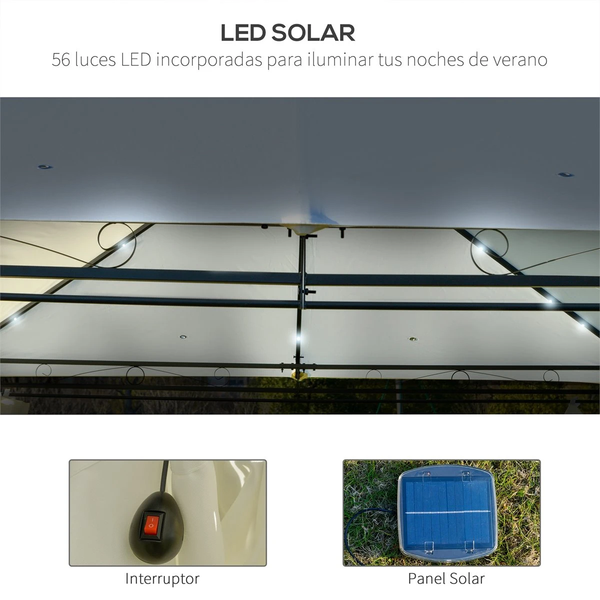 Outsunny Carpa De Jardín 4x3 M Cenador Con Doble Techo 6 Cortinas Laterales Luz LED Con Panel Solar Para Patio Terraza Color Crema 7 Outsunny Carpa De Jardín 4x3 M Cenador Con Doble Techo 6 Cortinas Laterales Luz LED Con Panel Solar Para Patio Terraza Color Crema - Imagen 5