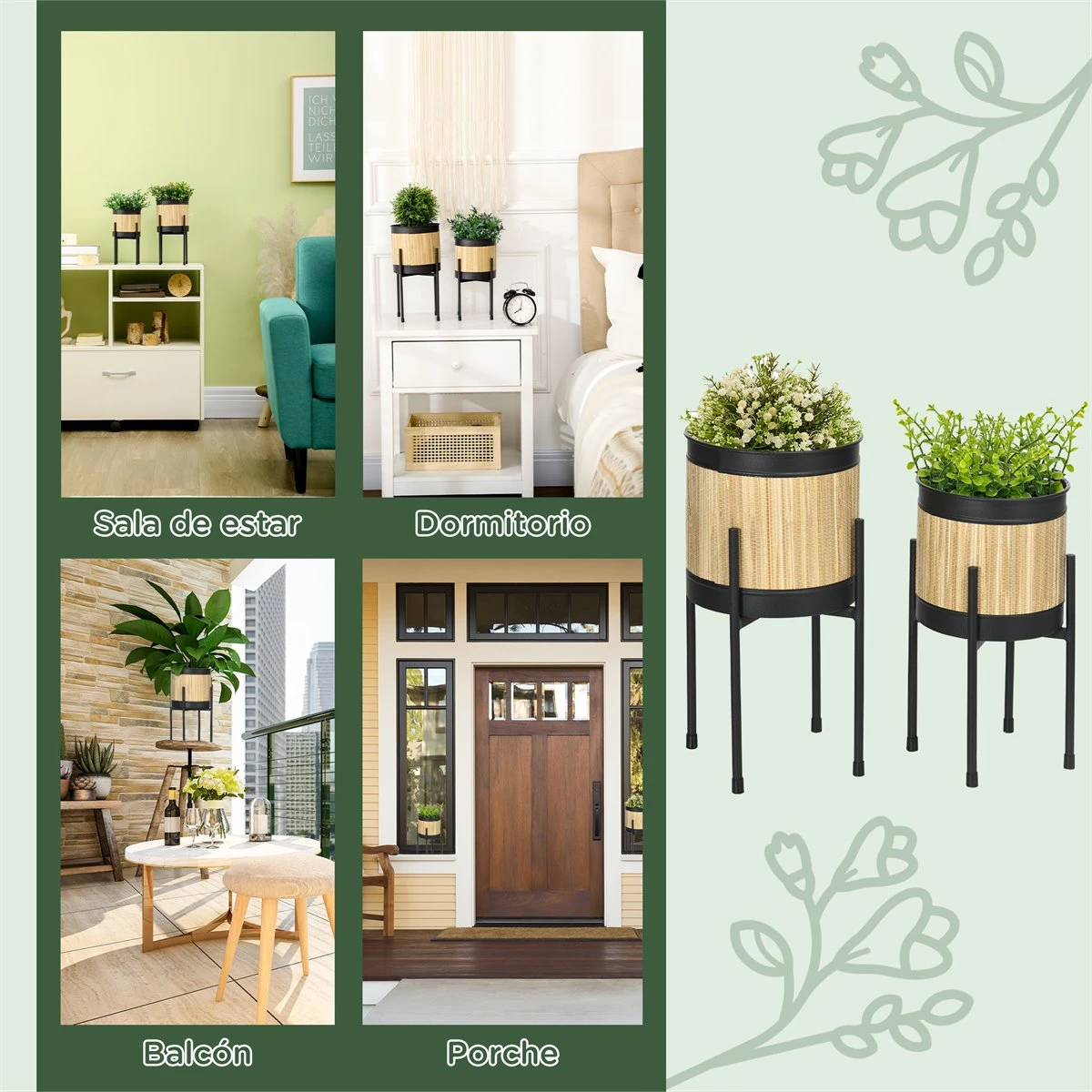 Outsunny Juego De 2 Soportes Para Plantas De Metal Cubierta De Totora Soportes Para Macetas Maceteros Redondos Para Salón Cocina Dormitorio Ø16x30 Cm Y Ø14x25,5 Cm Negro 8 Outsunny Juego De 2 Soportes Para Plantas De Metal Cubierta De Totora Soportes Para Macetas Maceteros Redondos Para Salón Cocina Dormitorio Ø16x30 Cm Y Ø14x25,5 Cm Negro - Imagen 6