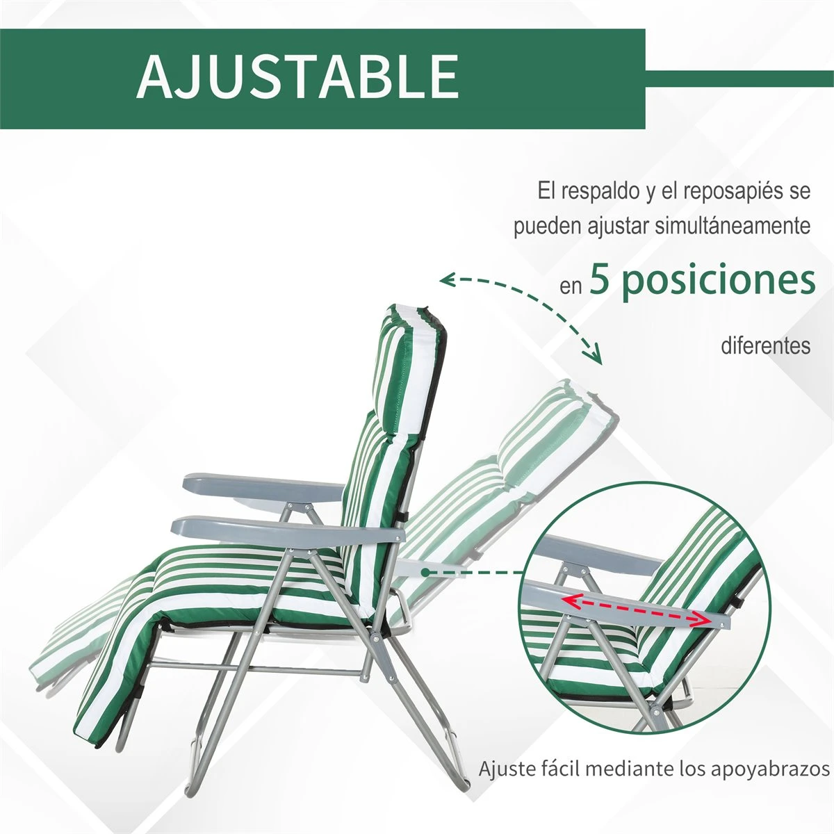 Outsunny 2 Tumbonas Plegables De Jardín Sillas De Gravedad Cero De Acero Con Cojín Acolchado Respaldo Ajustable En 5 Posiciones Y Reposapiés 60x75x50-102 Cm Rayas Verde 6 Outsunny 2 Tumbonas Plegables De Jardín Sillas De Gravedad Cero De Acero Con Cojín Acolchado Respaldo Ajustable En 5 Posiciones Y Reposapiés 60x75x50-102 Cm Rayas Verde - Imagen 4