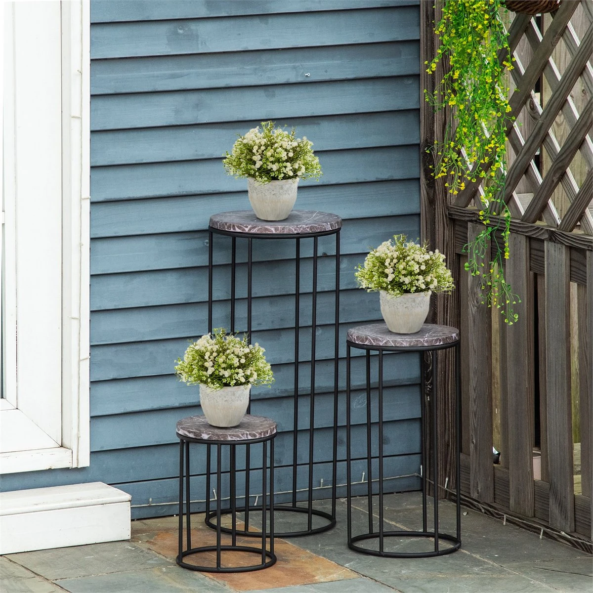 Outsunny Soportes Para Plantas De Metal 3 Piezas Apilables Estantes Porta Macetas Decorativos Con Efecto De Mármol Para Interiores Y Exteriores Ø30,5x70,5 Cm Gris Y Negro 4 Outsunny Soportes Para Plantas De Metal 3 Piezas Apilables Estantes Porta Macetas Decorativos Con Efecto De Mármol Para Interiores Y Exteriores Ø30,5x70,5 Cm Gris Y Negro - Imagen 2