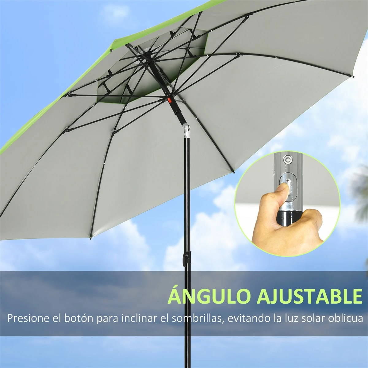 Outsunny Sombrilla De Playa Ø185x205 Cm Parasol Para Terraza Con Techo Doble Ángulo Ajustable Protección UV30+ 8 Varillas De Acero Y Bolsa De Transporte Verde 7 Outsunny Sombrilla De Playa Ø185x205 Cm Parasol Para Terraza Con Techo Doble Ángulo Ajustable Protección UV30+ 8 Varillas De Acero Y Bolsa De Transporte Verde - Imagen 5