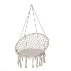 Outsunny Silla Colgante Redondo De Ø60 Cm Silla Hamaca Columpio Con Cojín Y Cuerda De Algodón Para Interior Y Exterior 80x80x42 Cm Beige