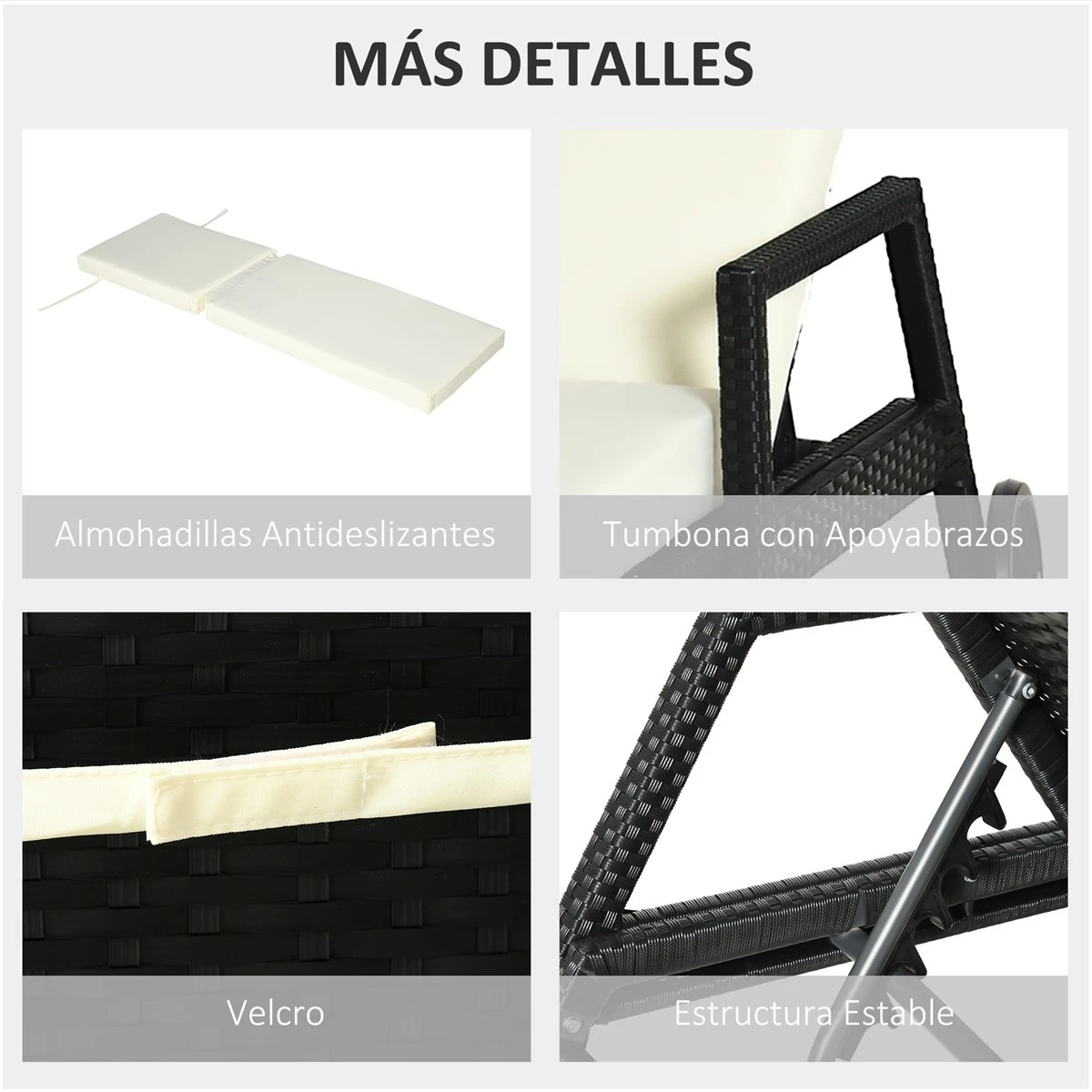 Outsunny Tumbona De Ratán De Jardín Con Cojines Acolchados Respaldo Ajustable En 5 Posiciones 2 Ruedas Y Tela Extraíble Lavable 67x196x96 Cm Negro 9 Outsunny Tumbona De Ratán De Jardín Con Cojines Acolchados Respaldo Ajustable En 5 Posiciones 2 Ruedas Y Tela Extraíble Lavable 67x196x96 Cm Negro - Imagen 7