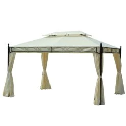 Outsunny Cenador De Jardín 4x3m Pabellón Con Techo Doble Transpirable Y 4 Cortinas Laterales Extraíbles Carpa De Acero Para Fiestas Bodas Eventos Al Aire Libre Crema