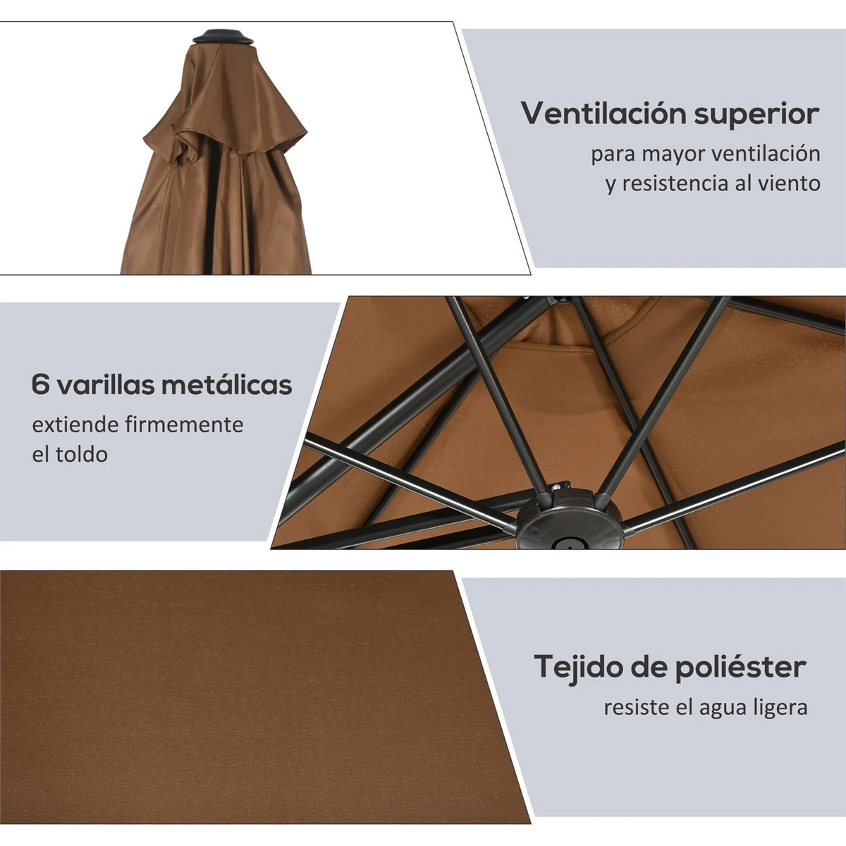 Outsunny Sombrilla Voladizo De Jardín Ø295x245 Cm Parasol Excéntrico Manivela Manual Con 6 Varillas De Metal Ventilación Y Base Cruzada Para Patio Terraza Exterior Marrón 7 Outsunny Sombrilla Voladizo De Jardín Ø295x245 Cm Parasol Excéntrico Manivela Manual Con 6 Varillas De Metal Ventilación Y Base Cruzada Para Patio Terraza Exterior Marrón - Imagen 5