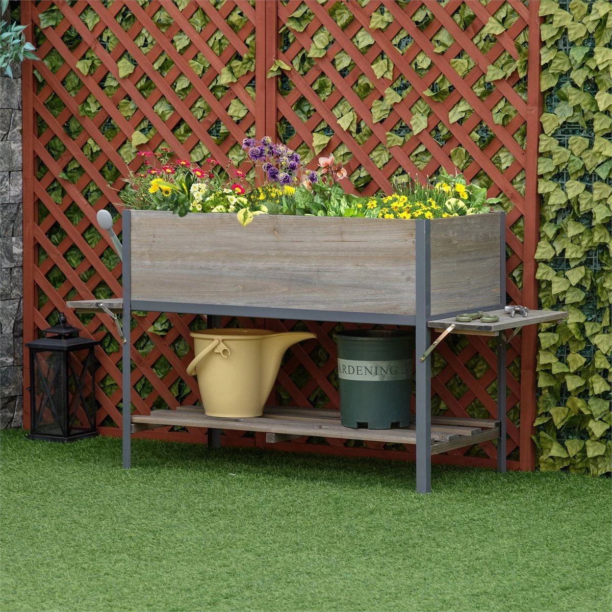 Outsunny Huerto Urbano Elevado De Madera 140x46x75,5 Cm Mesa De Cultivo De Jardín Con 2 Baldas Laterales Estante Inferior Y 2 Orificios De Drenaje Para Plantas Flores Gris 4 Outsunny Huerto Urbano Elevado De Madera 140x46x75,5 Cm Mesa De Cultivo De Jardín Con 2 Baldas Laterales Estante Inferior Y 2 Orificios De Drenaje Para Plantas Flores Gris - Imagen 2