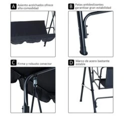 Outsunny Columpio De Jardín De 3 Plazas Silla Balancín Con Parasol Techo Ajustable En Ángulo Para Terraza Balcón Carga Máx. 200 Kg Acero 172x110x153 Cm Negro -OUTSUNNY TIENDA 2e65809c0d3456fd47bb57dd3b42489d575d9463 1b1236f22c6146fda601a43e71aee7fe