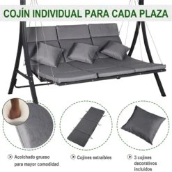 Outsunny Balancín Con Toldo Ajustable De 3 Plazas Columpio De Jardín Con Dosel Cojines Para Exterior Terraza Patio Carga 270 Kg 200x115x168 Cm Gris -OUTSUNNY TIENDA 309b9d0ef67cef7b11eaef97c389a92c80182b57 cfbe76e477ad4e32bd8a21556bf08b37