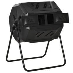 Outsunny Compostador De Tambor Giratorio Con Capacidad 160 Litros De Doble Cámara Y Ventilación Marco De Acero Para Residuos Orgánicos De Jardín 71x64x96cm Negro