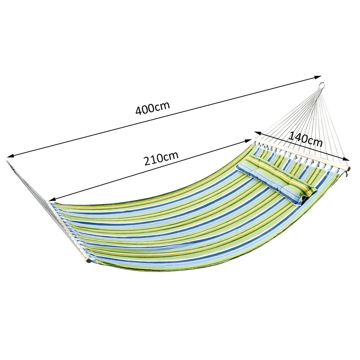 Outsunny Hamaca Colgante De Jardín Para 2 Personas Hamaca Ecológico Para Camping Con Almohada Carga De 180 Kg Rayas Azules Y Verdes 3,4x1,4m 5 Outsunny Hamaca Colgante De Jardín Para 2 Personas Hamaca Ecológico Para Camping Con Almohada Carga De 180 Kg Rayas Azules Y Verdes 3,4x1,4m - Imagen 3
