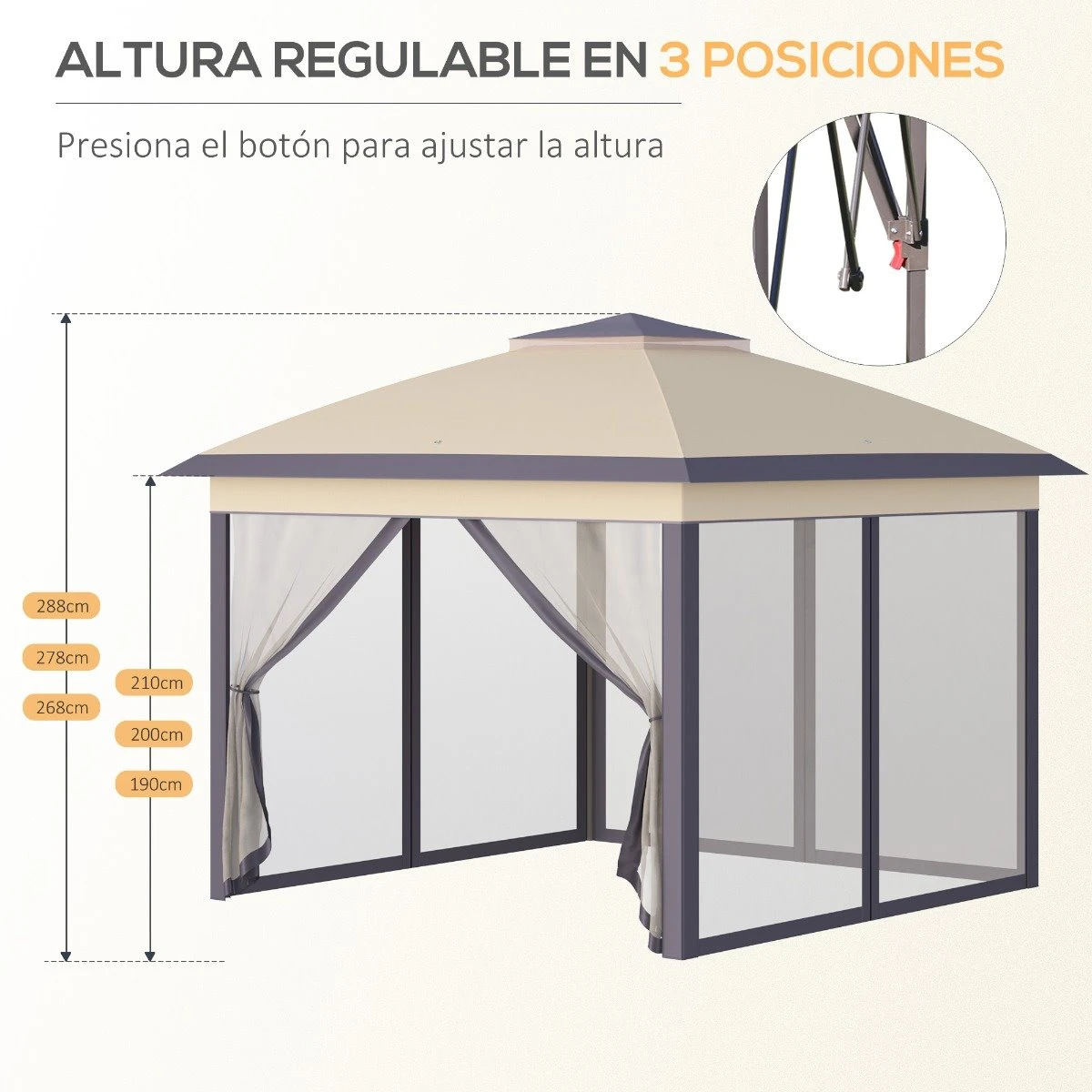 Outsunny Carpa Plegable Exterior 3,3x3,3x2,88 M Altura Ajustable Cenador De Jardín Con Doble Techo 4 Mosquiteras Extraíbles Y Bolsa De Transporte Para Camping Fiestas Beige 8 Outsunny Carpa Plegable Exterior 3,3x3,3x2,88 M Altura Ajustable Cenador De Jardín Con Doble Techo 4 Mosquiteras Extraíbles Y Bolsa De Transporte Para Camping Fiestas Beige - Imagen 6