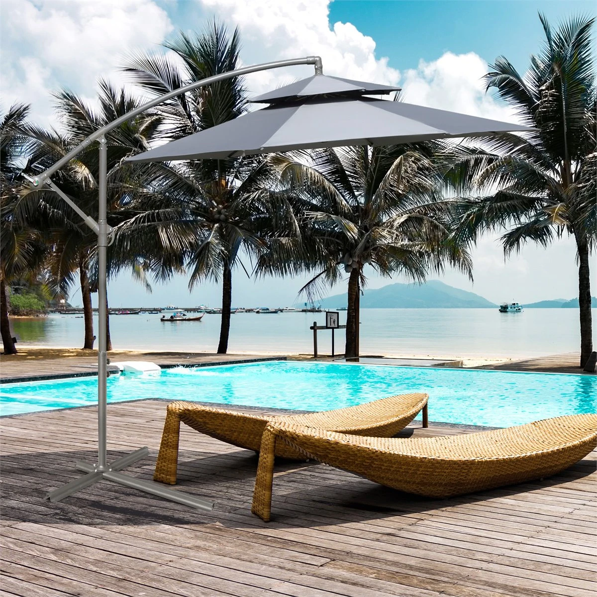 Outsunny Sombrilla De Jardín Ø267 Cm Parasol Inclinable Con Doble Techo Manivela 8 Costillas De Acero Y Base Cruzada Protección Solar Para Terraza Balcón Exterior Gris 4 Outsunny Sombrilla De Jardín Ø267 Cm Parasol Inclinable Con Doble Techo Manivela 8 Costillas De Acero Y Base Cruzada Protección Solar Para Terraza Balcón Exterior Gris - Imagen 2