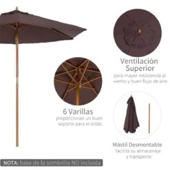 Outsunny Sombrilla Parasol De Madera Ø250x230cm Para Exterior Con 6 Varillas Sistema De Cuerda Con Fijación Desmontable Portátil Fácil De Guardar Y Transportar Café -OUTSUNNY TIENDA 413417eb908540855d9692f40d744779681a42d3 e741666d248947b380056beb1c60fcaa