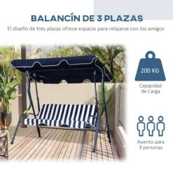 Outsunny Columpio Balancín De Jardín Exterior 3 Plazas De Metal Con Cojín Y Techo Ajustable Para Balcón Terraza Carga 200 Kg 170x110x153 Cm Raya Azul -OUTSUNNY TIENDA 44f905d82caeeef462bc8c8ceeb7a9c7e70f7f01 6111fe003408485f9dda6530a46f0289