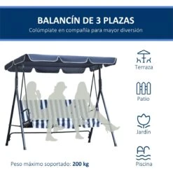 Outsunny Columpio Balancín De Jardín Exterior De 3 Plazas Con Cojín Techo Ajustable Y Marco De Metal Para Balcón Terraza Patio Carga Máx. 200 Kg 172x110x153 Cm Raya Azul -OUTSUNNY TIENDA 47de6e425d3086c997cc7f5066607515e7376d05 f773bcec56b649ba88c4ae21ee5d67ff