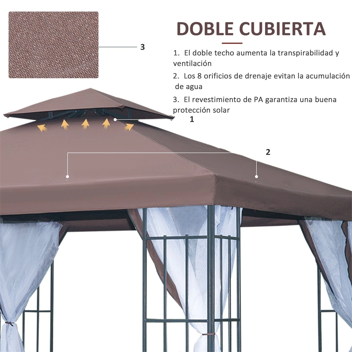 Outsunny Cenador De Jardín 3x3 M Pabellón Para Exterior Con Doble Techo De Ventilación 4 Mosquiteras Extraíbles Y Marco De Acero Protección Solar Para Fiestas Eventos Café 6 Outsunny Cenador De Jardín 3x3 M Pabellón Para Exterior Con Doble Techo De Ventilación 4 Mosquiteras Extraíbles Y Marco De Acero Protección Solar Para Fiestas Eventos Café - Imagen 4