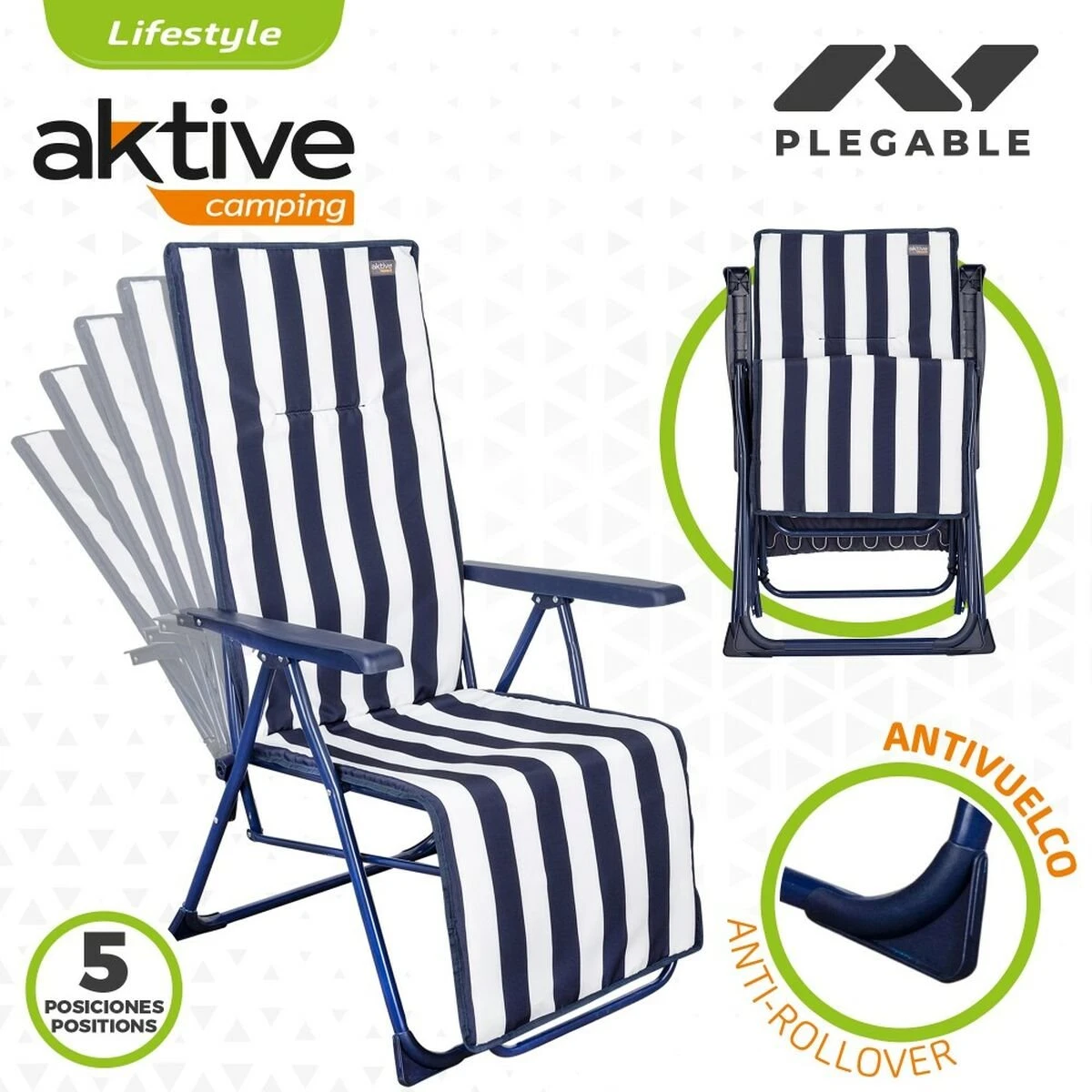 Tumbona Aktive Blanco Azul Marino Reclinable A Rayas 147 X 70 X 48 Cm (2 Unidades) 6 Tumbona Aktive Blanco Azul Marino Reclinable A Rayas 147 X 70 X 48 Cm (2 Unidades) - Imagen 4