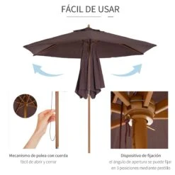 Outsunny Sombrilla Parasol De Madera Ø250x230cm Para Exterior Con 6 Varillas Sistema De Cuerda Con Fijación Desmontable Portátil Fácil De Guardar Y Transportar Café -OUTSUNNY TIENDA 53914d0b552280eda028f2cb5f614af2aa52c59e e0011b8fe69d4f129056e08fd98cbd2d