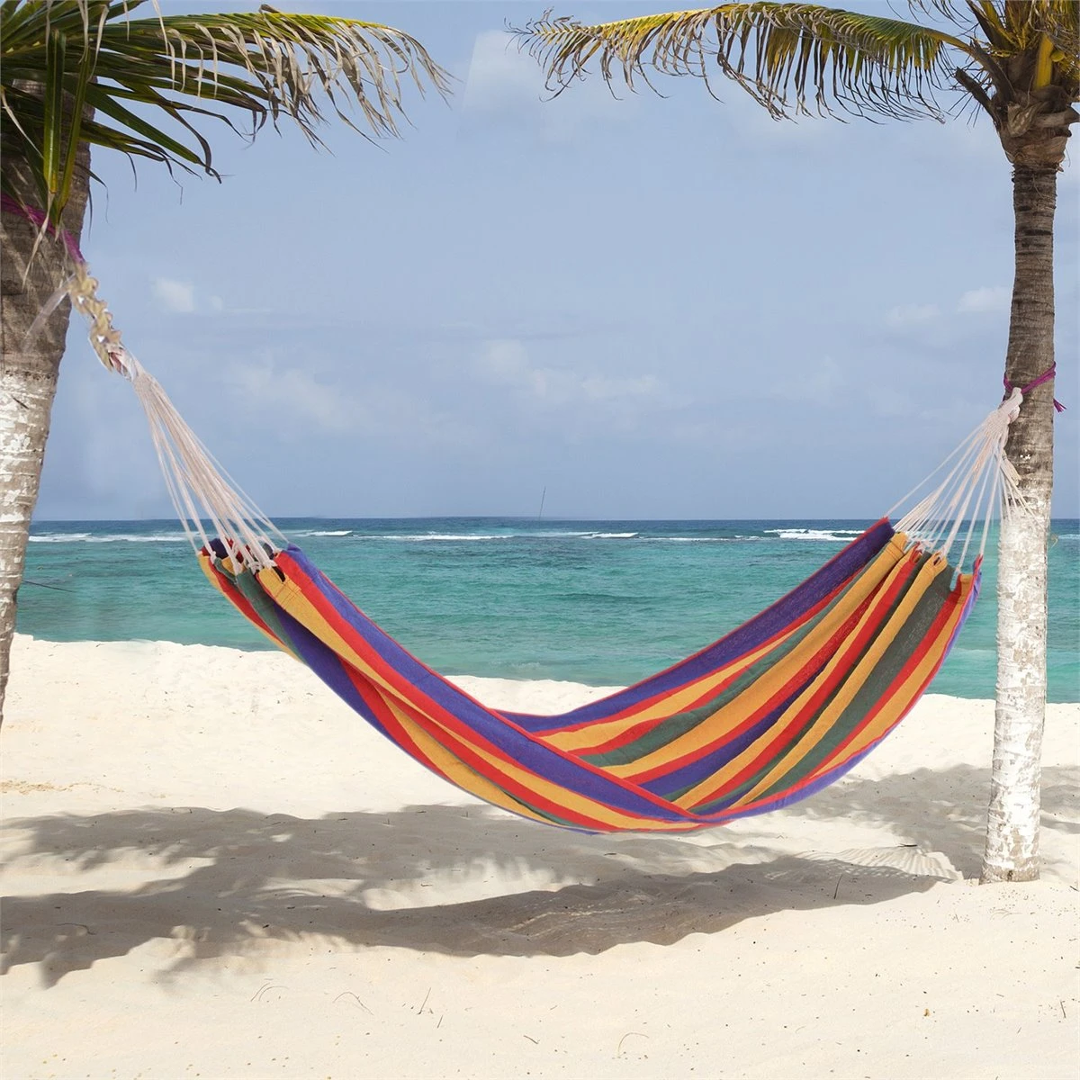 Outsunny Hamaca De Algodón Para Jardín 200x100 Cm Hamaca Colgante Portátil Carga Máx. 120 Kg Para Acampar Piscina Camping Rayas Multicolor 4 Outsunny Hamaca De Algodón Para Jardín 200x100 Cm Hamaca Colgante Portátil Carga Máx. 120 Kg Para Acampar Piscina Camping Rayas Multicolor - Imagen 2