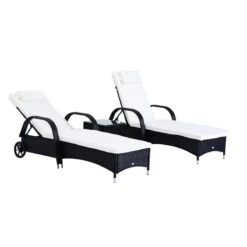 Outsunny Set De 2 Tumbonas Chaise Longue + 1 Mesa De Ratan Para Jardín O Terraza Sillas Con Cojín Y Respaldo Ajustable A 5 Niveles (Negro)
