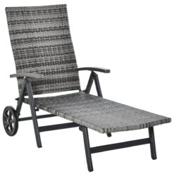 Outsunny Tumbona De Jardín De Ratán 192x74x55 Cm Con Respaldo Reclinable En 7 Posiciones Reposabrazos Y Ruedas Marco De Aluminio Para Patio Terraza Balcón Gris