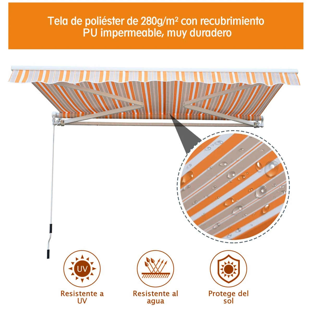 Outsunny Toldo Retráctil Con Manivela Toldo De 300x250cm Con Brazo Articulado De Aluminio Y Poliéster 280g/m² Rayas Naranja Beige Y Blanco 8 Outsunny Toldo Retráctil Con Manivela Toldo De 300x250cm Con Brazo Articulado De Aluminio Y Poliéster 280g/m² Rayas Naranja Beige Y Blanco - Imagen 6