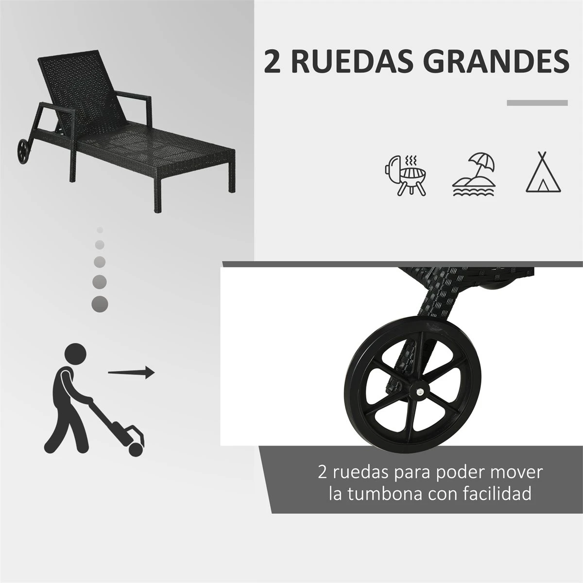 Outsunny Conjunto De 2 Tumbonas De Ratán De Jardín Con Cojines Acolchados Respaldo Ajustable En 5 Posiciones 2 Ruedas Y Tela Extraíble Lavable 67x196x51 Cm Negro 6 Outsunny Conjunto De 2 Tumbonas De Ratán De Jardín Con Cojines Acolchados Respaldo Ajustable En 5 Posiciones 2 Ruedas Y Tela Extraíble Lavable 67x196x51 Cm Negro - Imagen 4