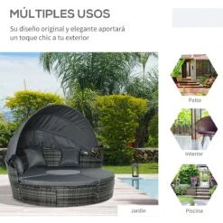 Outsunny Isla De Ratán Modular Para Exterior 5 Piezas Tumbona Redonda Con Toldo Plegable Cojines Extraíbles Lavables Y 3 Almohadas Marco De Metal 175x180x147 Cm Gris -OUTSUNNY TIENDA 67c52b43ddae35174277cda01cf419be45b25121 3b08929fcc0a4279929289f18e8ef850