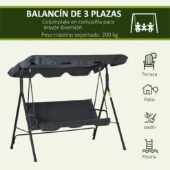 Outsunny Columpio Balancín De Jardín Exterior De 3 Plazas Con Cojín Techo Ajustable Y Marco De Acero Para Balcón Terraza Patio Carga Máx. 200 Kg 172x110x153 Cm Gris -OUTSUNNY TIENDA 683c0010cbb6426b66ead9c11e9ed753a50ed273 58d1ec7a5cdc479db925989c912fc41a