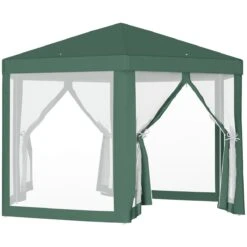 Outsunny Carpa Gazebo Tipo Cenador Hexagonal Con Mosquitera Para Jardín Y Terraza Ø1,97 M Material De Poliéster Repelente Al Agua (Verde)