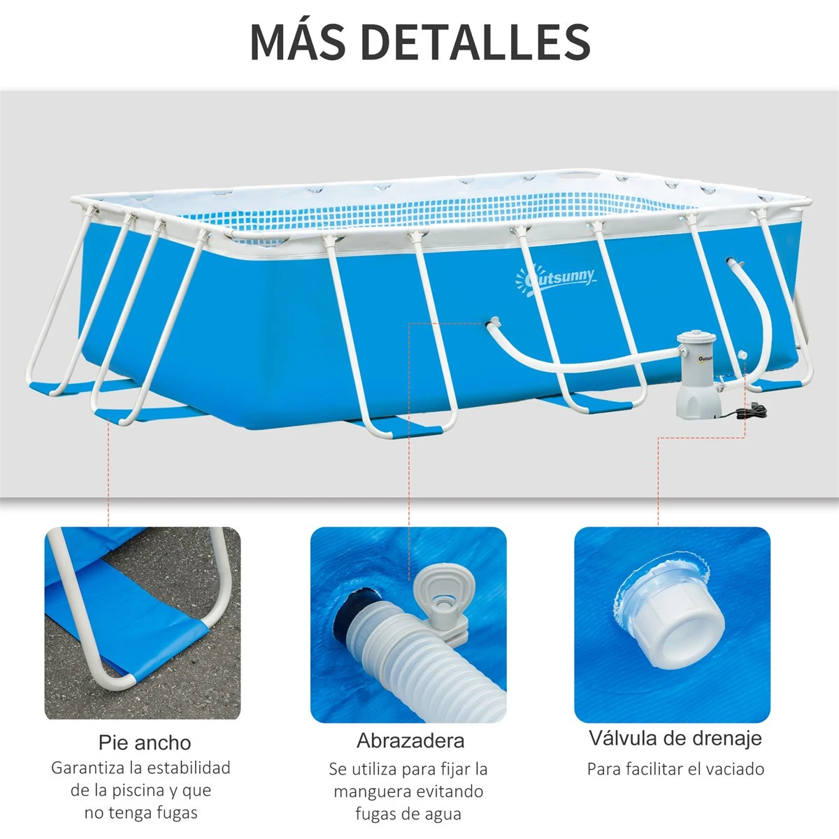 Outsunny Piscina Desmontable Tubular 340x215x80 Cm Piscina Rectangular De Exterior Con Depuradora De Cartucho 4.000 L/H Mangueras Longitud 100 Cm Y Marco De Acero 4200 L Azul 8 Outsunny Piscina Desmontable Tubular 340x215x80 Cm Piscina Rectangular De Exterior Con Depuradora De Cartucho 4.000 L/H Mangueras Longitud 100 Cm Y Marco De Acero 4200 L Azul - Imagen 6
