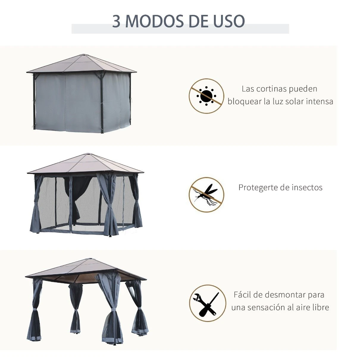 Outsunny Cenador De Jardín 3x3 M Pabellón De Exterior Con Techo De Policarbonato 4 Cortinas Laterales Y 4 Mosquiteras Con Cremalleras Marco De Metal Para Fiestas Eventos Multicolor 8 Outsunny Cenador De Jardín 3x3 M Pabellón De Exterior Con Techo De Policarbonato 4 Cortinas Laterales Y 4 Mosquiteras Con Cremalleras Marco De Metal Para Fiestas Eventos Multicolor - Imagen 6