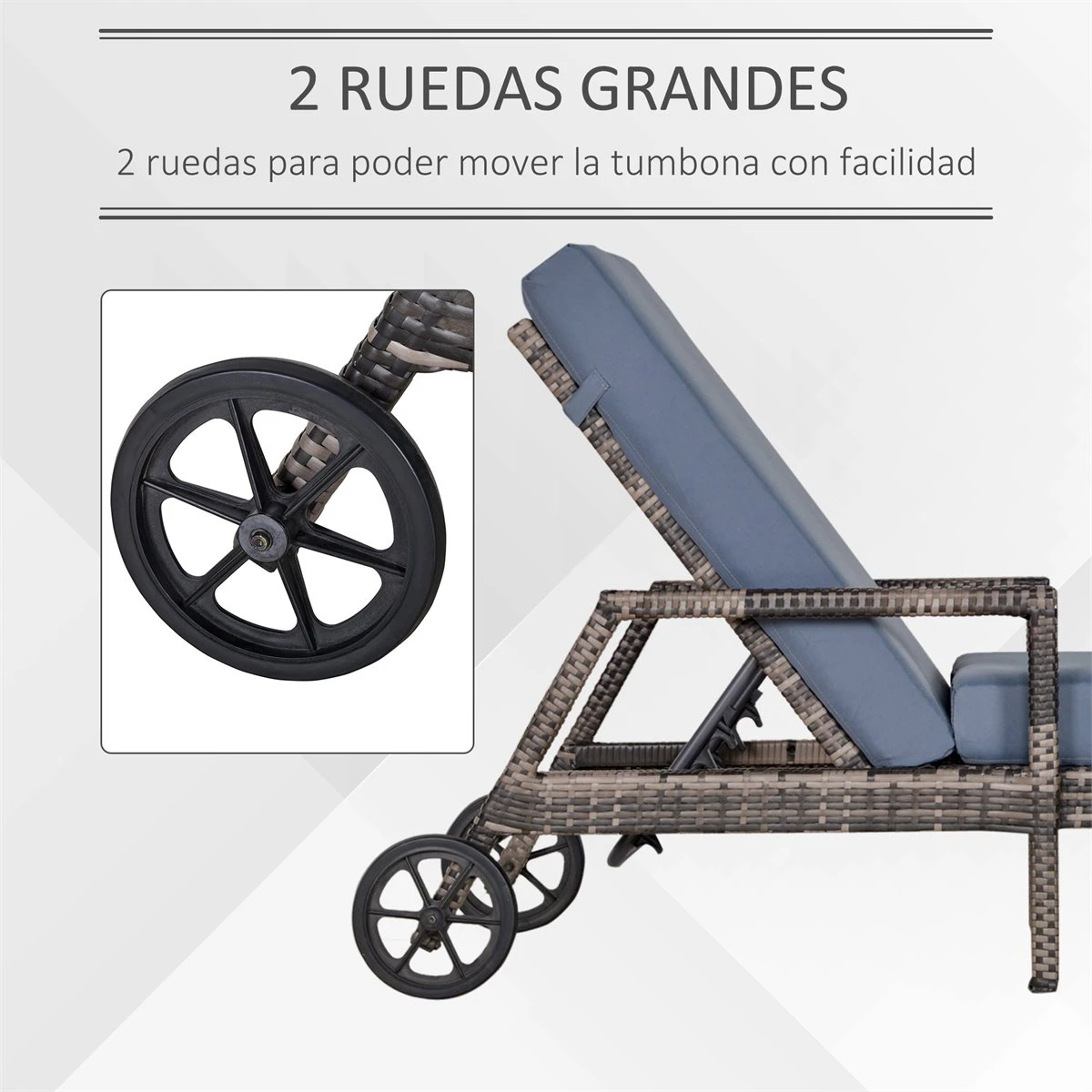 Outsunny Conjunto De 2 Tumbonas De Ratán De Jardín Con Cojines Acolchados Respaldo Ajustable En 5 Posiciones 2 Ruedas Y Tela Extraíble Lavable 67x196x51 Cm Gris 6 Outsunny Conjunto De 2 Tumbonas De Ratán De Jardín Con Cojines Acolchados Respaldo Ajustable En 5 Posiciones 2 Ruedas Y Tela Extraíble Lavable 67x196x51 Cm Gris - Imagen 4