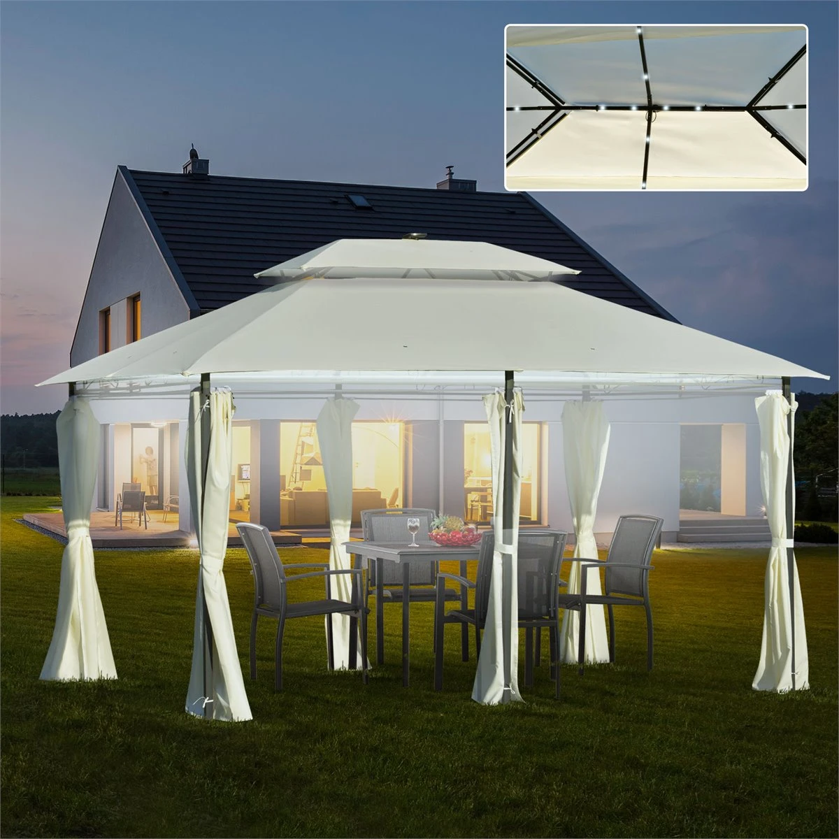 Outsunny Carpa De Jardín 4x3 M Cenador Con Doble Techo 6 Cortinas Laterales Luz LED Con Panel Solar Para Patio Terraza Color Crema 11 Outsunny Carpa De Jardín 4x3 M Cenador Con Doble Techo 6 Cortinas Laterales Luz LED Con Panel Solar Para Patio Terraza Color Crema - Imagen 9