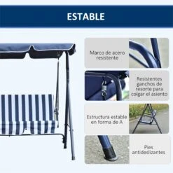 Outsunny Columpio Balancín De Jardín Exterior De 3 Plazas Con Cojín Techo Ajustable Y Marco De Metal Para Balcón Terraza Patio Carga Máx. 200 Kg 172x110x153 Cm Raya Azul -OUTSUNNY TIENDA 772594da9cef3828dfc8dcbe91c5b37fb1be9b78 ff77b45b475844379f5c7c4943c9a7aa