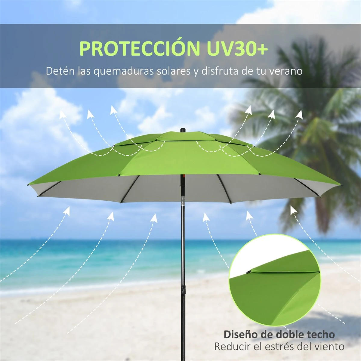 Outsunny Sombrilla De Playa Ø185x205 Cm Parasol Para Terraza Con Techo Doble Ángulo Ajustable Protección UV30+ 8 Varillas De Acero Y Bolsa De Transporte Verde 6 Outsunny Sombrilla De Playa Ø185x205 Cm Parasol Para Terraza Con Techo Doble Ángulo Ajustable Protección UV30+ 8 Varillas De Acero Y Bolsa De Transporte Verde - Imagen 4