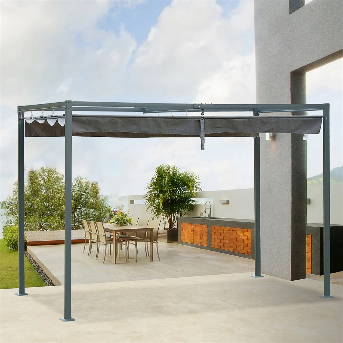 Outsunny Pérgola 3x2 M Cenador De Jardín Con Techo Retráctil De Poliéster Con Recubrimiento Resistente Para Celebraciones Fiestas Bodas Gris 4 Outsunny Pérgola 3x2 M Cenador De Jardín Con Techo Retráctil De Poliéster Con Recubrimiento Resistente Para Celebraciones Fiestas Bodas Gris - Imagen 2