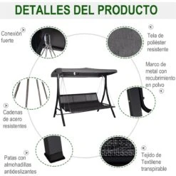 Outsunny Balancín Con Toldo Ajustable De 3 Plazas Columpio De Jardín Con Dosel Cojines Para Exterior Terraza Patio Carga 270 Kg 200x115x168 Cm Gris -OUTSUNNY TIENDA 7c2c30bda9a61a2b7e279046d5566d390cc8c3ec 7b4b744676e74831a9d55a9f75207307