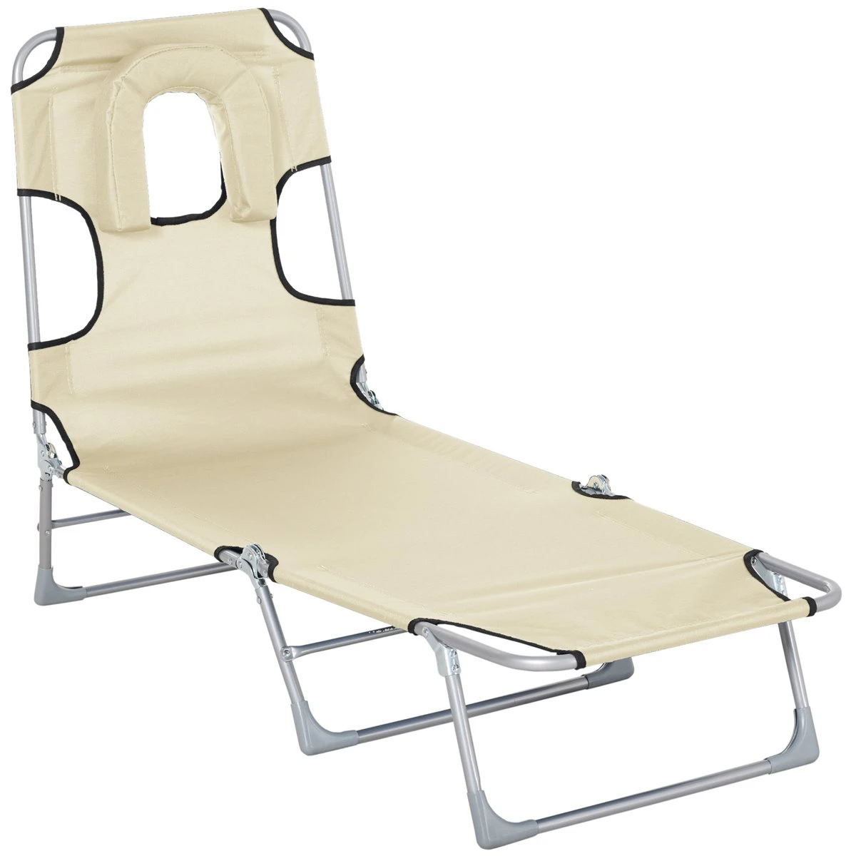 Outsunny Tumbona Reclinable Y Plegable De Jardín Con Orificio De Lectura Reposacabezas Y Respaldo Ajustable En 5 Niveles Para Playa 182x56x24,5 Cm Beige 9 Outsunny Tumbona Reclinable Y Plegable De Jardín Con Orificio De Lectura Reposacabezas Y Respaldo Ajustable En 5 Niveles Para Playa 182x56x24,5 Cm Beige - Imagen 7