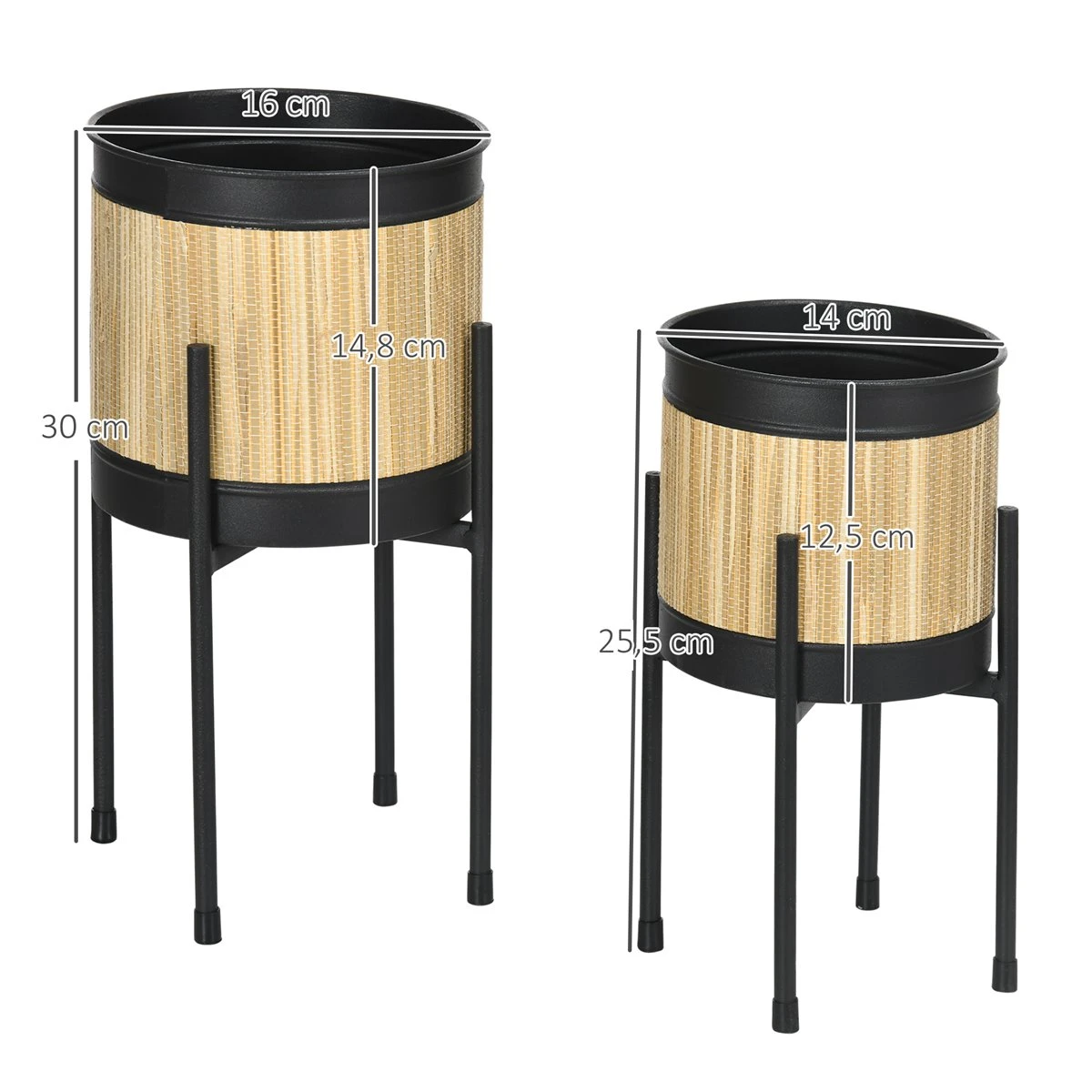 Outsunny Juego De 2 Soportes Para Plantas De Metal Cubierta De Totora Soportes Para Macetas Maceteros Redondos Para Salón Cocina Dormitorio Ø16x30 Cm Y Ø14x25,5 Cm Negro 5 Outsunny Juego De 2 Soportes Para Plantas De Metal Cubierta De Totora Soportes Para Macetas Maceteros Redondos Para Salón Cocina Dormitorio Ø16x30 Cm Y Ø14x25,5 Cm Negro - Imagen 3