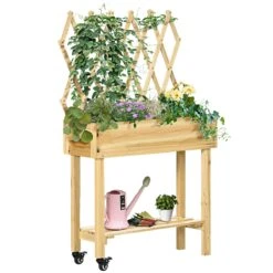 Outsunny Huerto Urbano Elevado De Madera Con Ruedas Mesa De Cultivo Con Enrejado Cama De Jardín Elevado Con Tela No Tejida Y Orificio De Drenaje Para Plantas Flores 79x29x130 Cm Natural