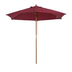 Outsunny Sombrilla Parasol De Madera Ø250x230cm Para Exterior Con 6 Varillas Sistema De Cuerda Con Fijación Desmontable Portátil Fácil De Guardar Y Transportar Granate
