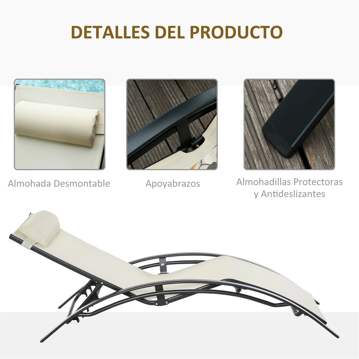 Outsunny Tumbona Reclinable Con Respaldo Ajustable En 5 Posiciones Y Reposacabezas Extraíble Acolchado Aluminio Texteline Para Jardín Terraza Balcón 171x64x82 Cm Beige 7 Outsunny Tumbona Reclinable Con Respaldo Ajustable En 5 Posiciones Y Reposacabezas Extraíble Acolchado Aluminio Texteline Para Jardín Terraza Balcón 171x64x82 Cm Beige - Imagen 5