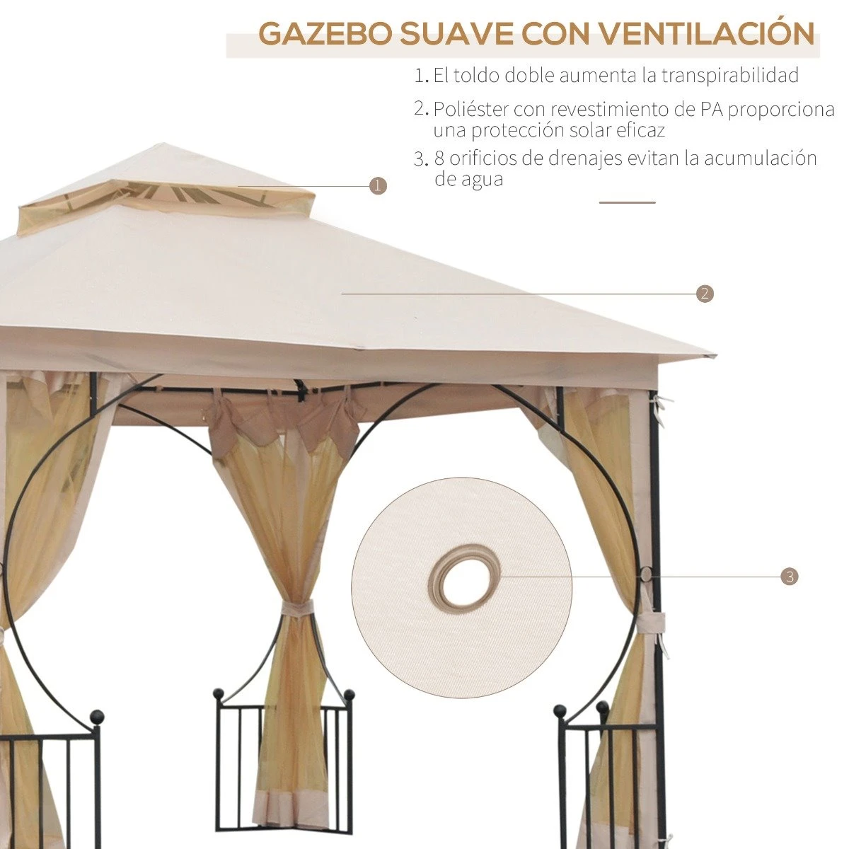 Outsunny Cenador De Jardín 3x3 M Con 4 Cortinas Laterales De Cremallera Y Doble Techo Con 8 Orificios De Drenaje Estilo Moderno Para Patio Aire Libre Beige 6 Outsunny Cenador De Jardín 3x3 M Con 4 Cortinas Laterales De Cremallera Y Doble Techo Con 8 Orificios De Drenaje Estilo Moderno Para Patio Aire Libre Beige - Imagen 4