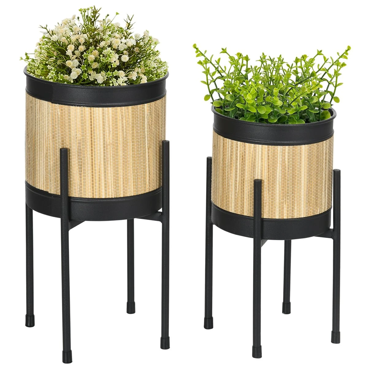 Outsunny Juego De 2 Soportes Para Plantas De Metal Cubierta De Totora Soportes Para Macetas Maceteros Redondos Para Salón Cocina Dormitorio Ø16x30 Cm Y Ø14x25,5 Cm Negro 3 Outsunny Juego De 2 Soportes Para Plantas De Metal Cubierta De Totora Soportes Para Macetas Maceteros Redondos Para Salón Cocina Dormitorio Ø16x30 Cm Y Ø14x25,5 Cm Negro
